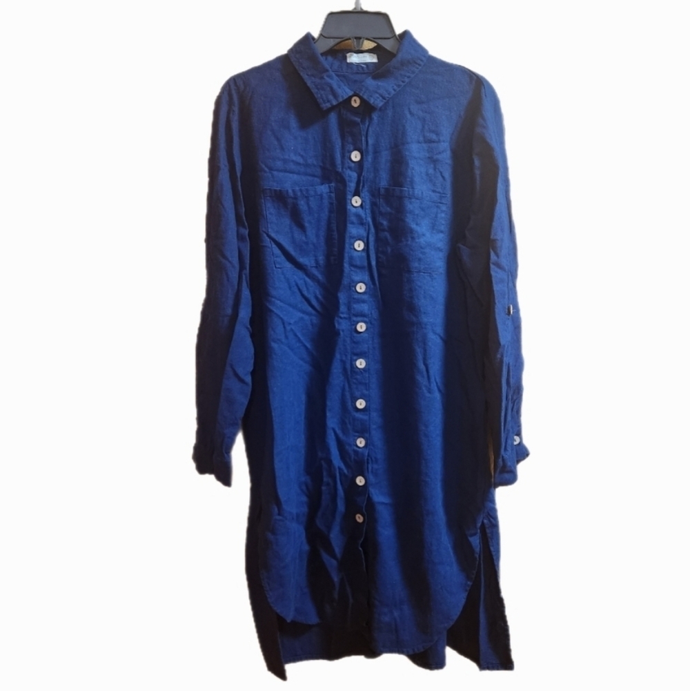Blue Button-Up Linen Blend Shirt Dress